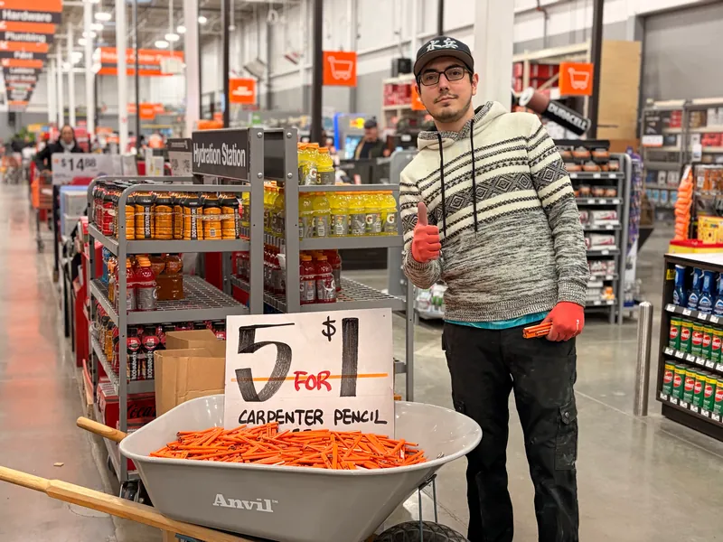 Christian Andrade smiling in a work-supply store aisle